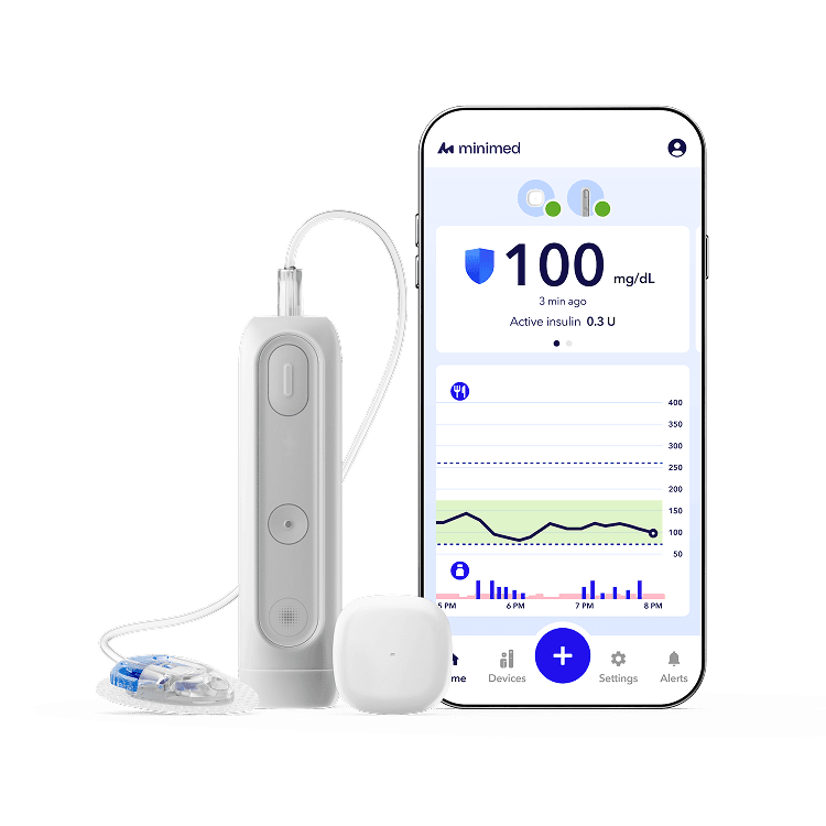 MiniMed Flex system with insulin pump, CGM sensor, MiniMed app, and infusion set