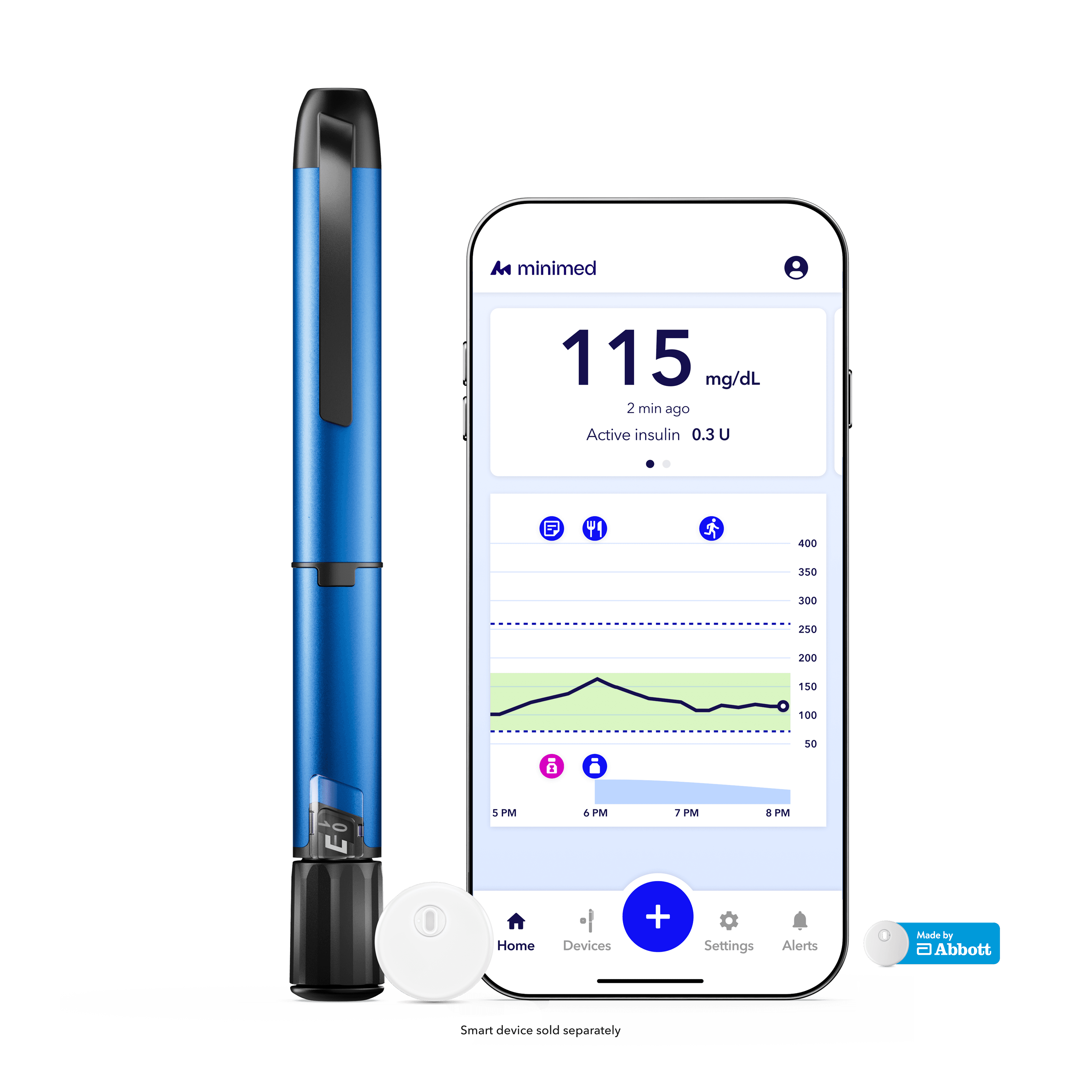MiniMed InPen in blue, Instinct sensor, and smartphone displaying the MiniMed app dashboard
