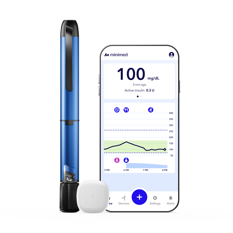 MiniMed™ InPen in blue and MiniMed™ Simplera sensor shown alongside a smartphone displaying the MiniMed™ app dashboard