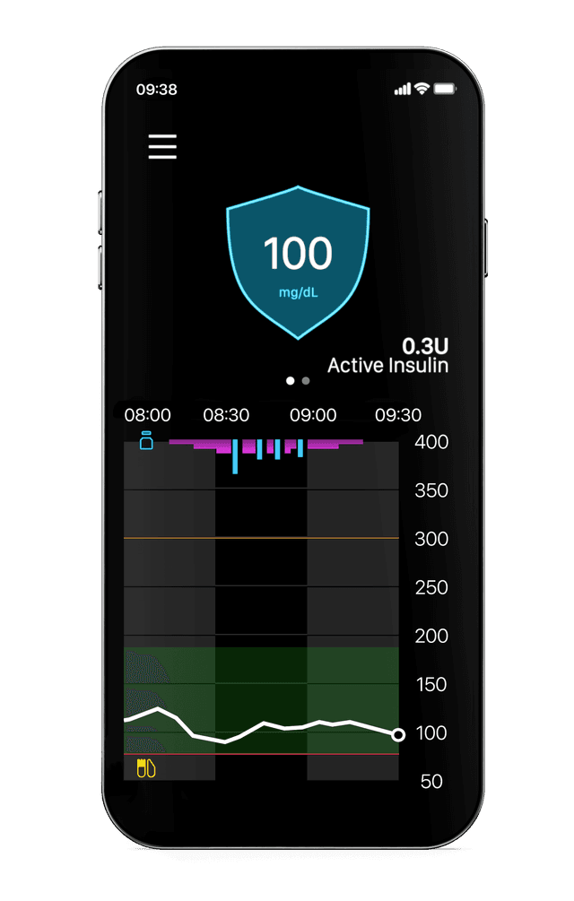 MiniMed app on smartphone showing glucose and insulin data