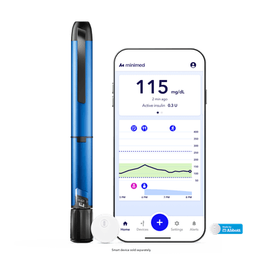 MiniMed InPen in blue, Instinct sensor, and smartphone displaying the MiniMed app dashboard