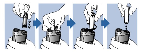 Etapas para inserir a pilha na bomba MiniMed 640G