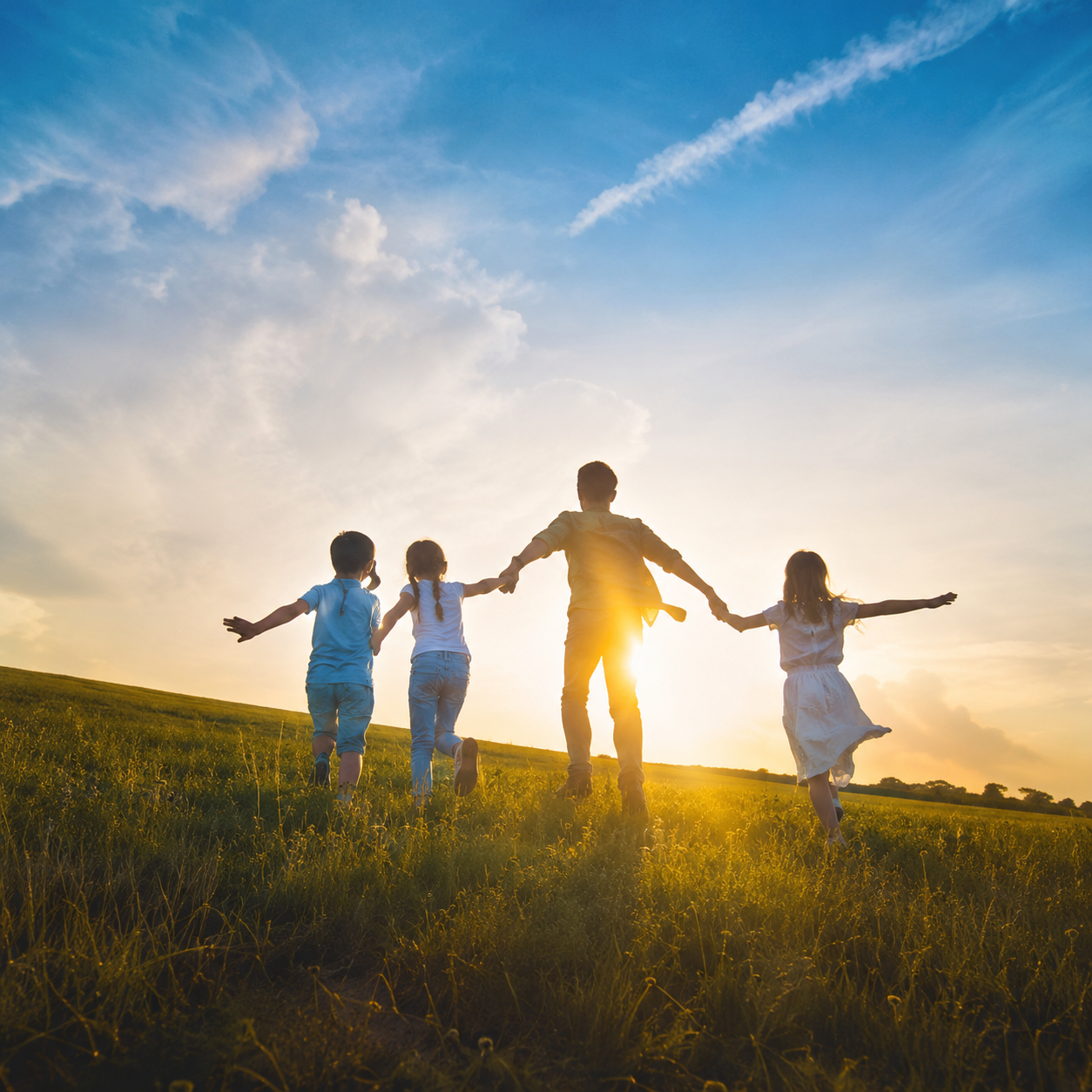 Family running towards the sun