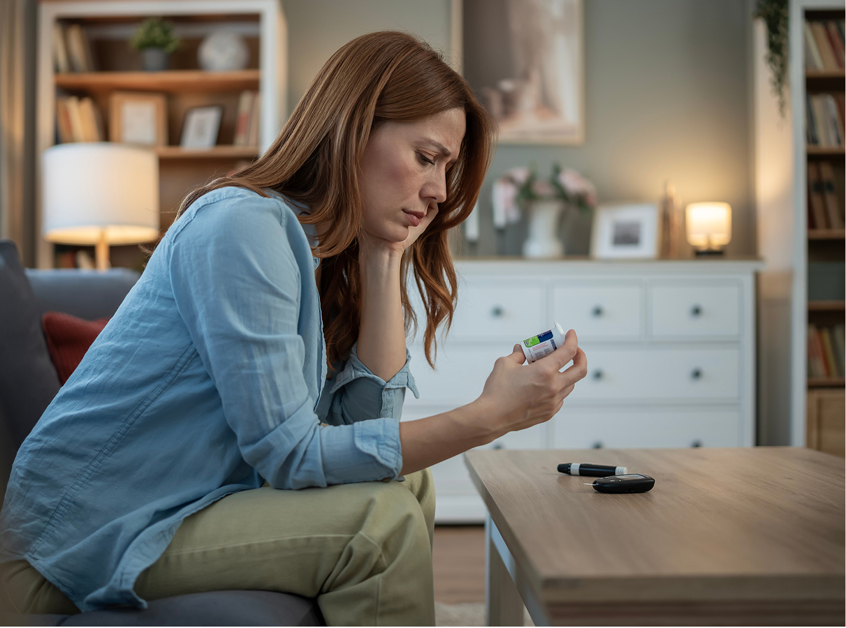 Woman checking blood sugar and looking distressed
