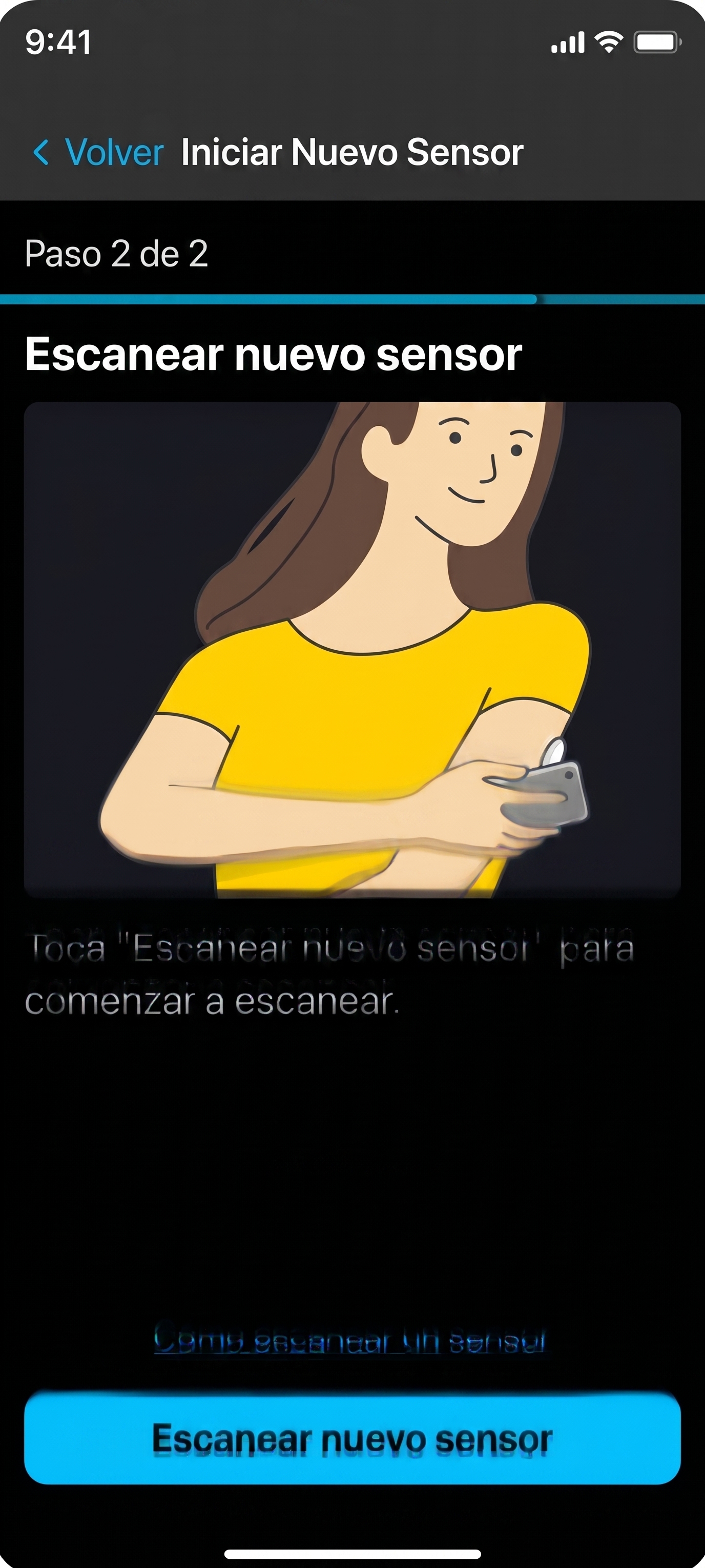 grafico del Pantalla de escaneo de nuevo sensor - Paso 2 - aplicación Instinct