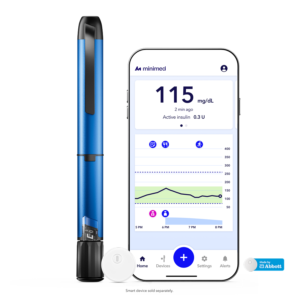 MiniMed Go system with blue InPen, sensor, and phone