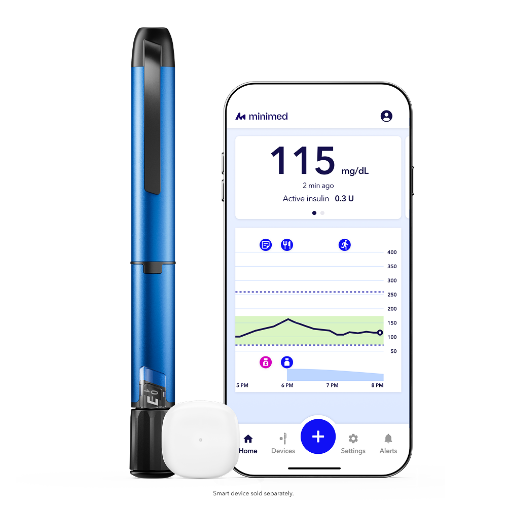 MiniMed Go system with blue InPen, sensor, and phone