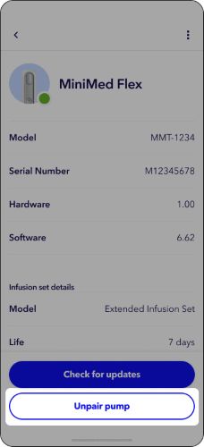 MiniMed app - Flex info Unpair pump highlighted