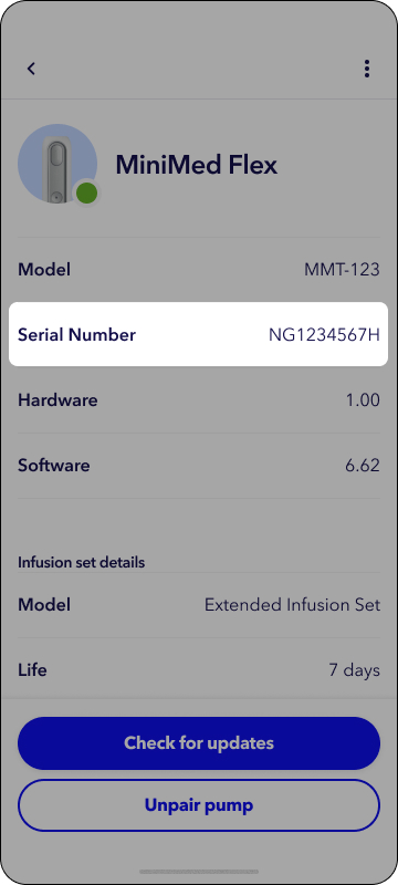 MiniMed app - serial number highlighted