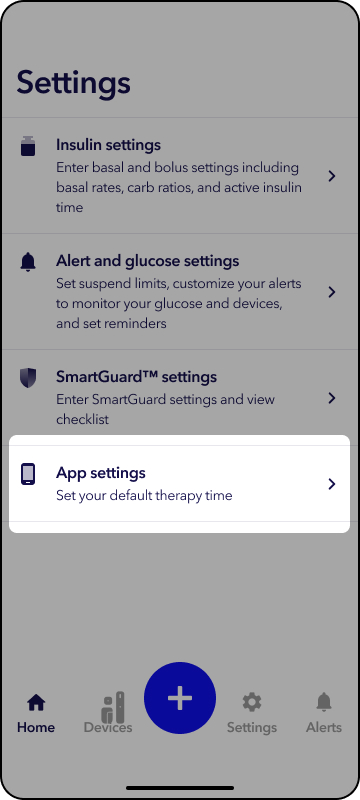 MiniMed app - App settings highlighted