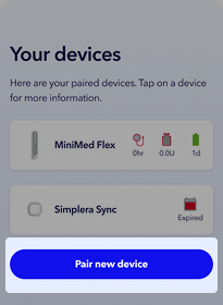 MiniMed app - Your Devices Pair new device highlighted